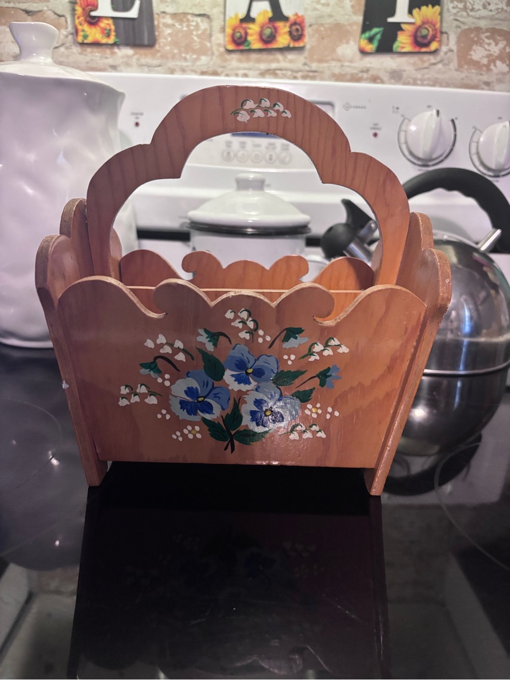Hand-Painted Wooden Floral Basket Organizer - Blue